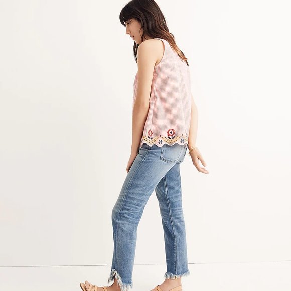 Madewell Embroidered Gingham Tank Top in Red and White with V-Neck, Size Small - Picture 3 of 9